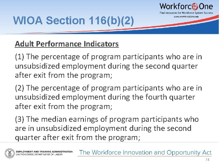 WIOA Section 116(b)(2) Adult Performance Indicators (1) The percentage of program participants who are