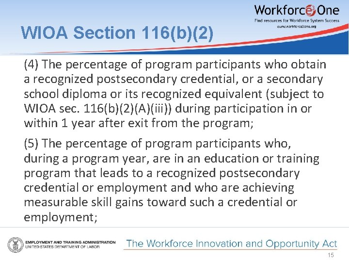 WIOA Section 116(b)(2) (4) The percentage of program participants who obtain a recognized postsecondary