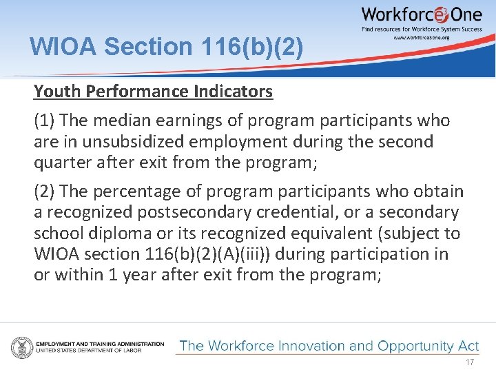 WIOA Section 116(b)(2) Youth Performance Indicators (1) The median earnings of program participants who