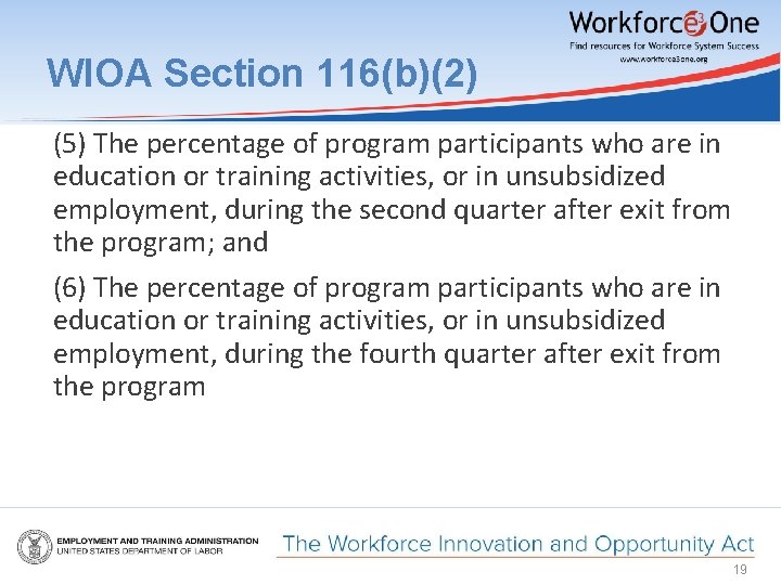 WIOA Section 116(b)(2) (5) The percentage of program participants who are in education or