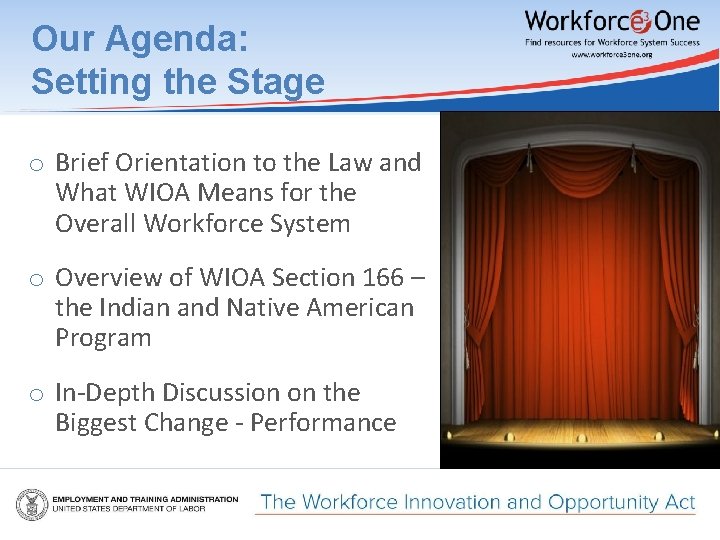 Our Agenda: Setting the Stage o Brief Orientation to the Law and What WIOA