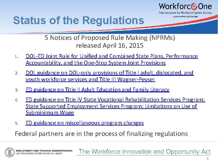 Status of the Regulations 5 Notices of Proposed Rule Making (NPRMs) released April 16,