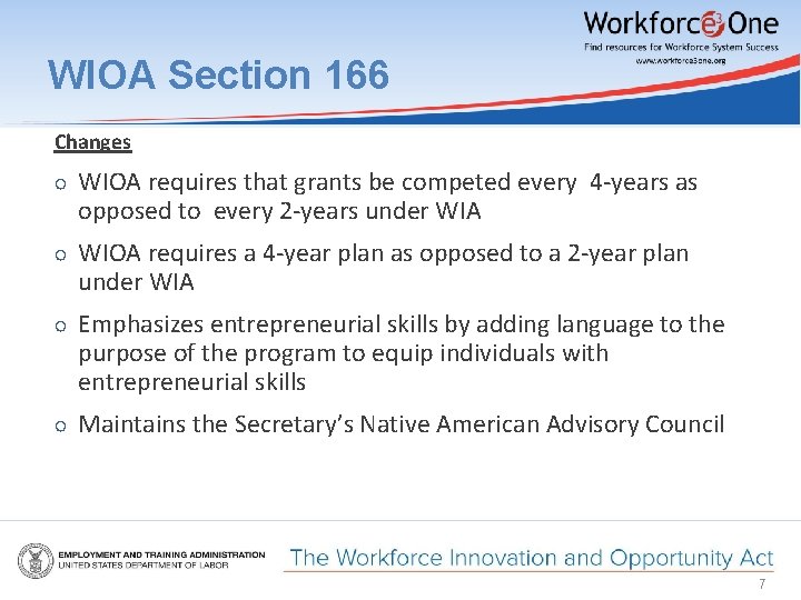 WIOA Section 166 Changes ○ WIOA requires that grants be competed every 4 -years
