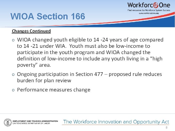 WIOA Section 166 Changes Continued ○ WIOA changed youth eligible to 14 -24 years