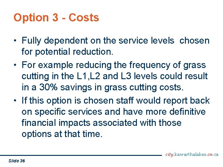 Option 3 - Costs • Fully dependent on the service levels chosen for potential
