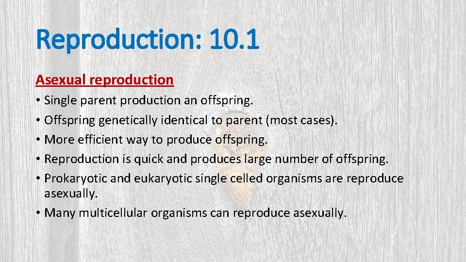 Reproduction: 10. 1 Asexual reproduction • Single parent production an offspring. • Offspring genetically