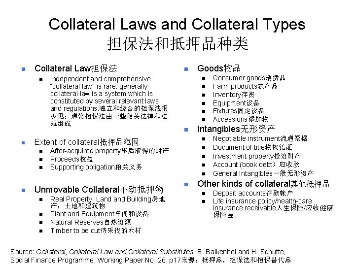 Collateral Laws and Collateral Types 担保法和抵押品种类 n Collateral Law担保法 n n Independent and comprehensive