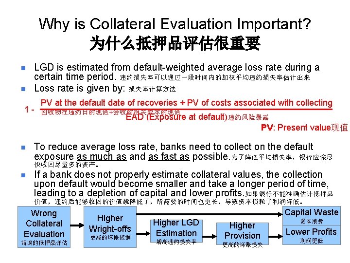 Why is Collateral Evaluation Important? 为什么抵押品评估很重要 n n LGD is estimated from default-weighted average