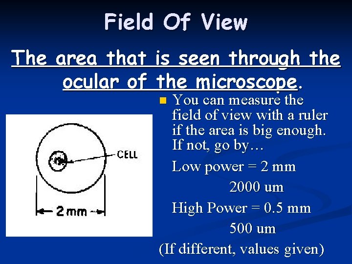 Field Of View The area that ocular of is seen through the microscope. You