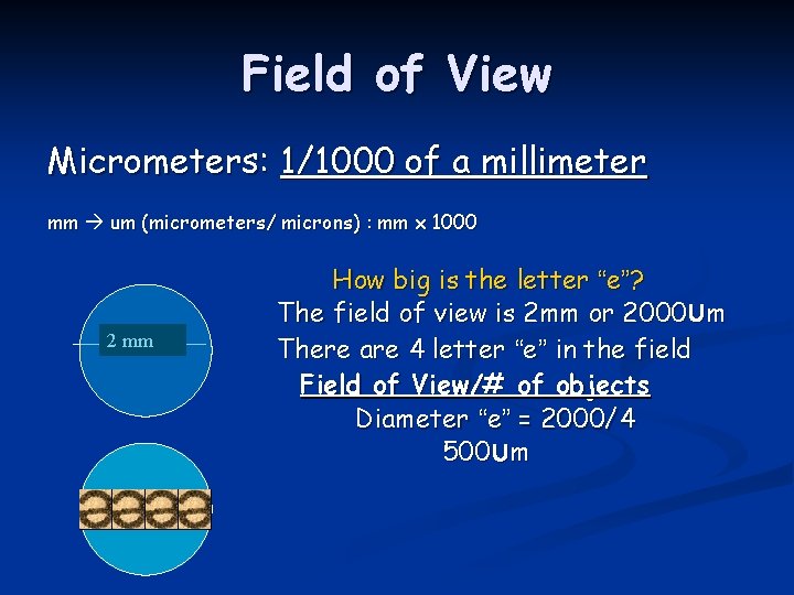 Field of View Micrometers: 1/1000 of a millimeter mm um (micrometers/ microns) : mm