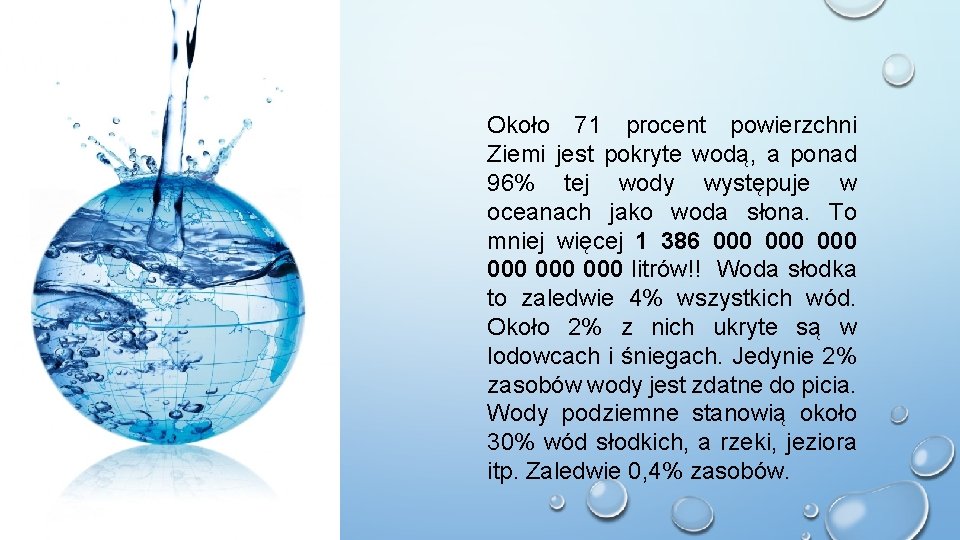 Około 71 procent powierzchni Ziemi jest pokryte wodą, a ponad 96% tej wody występuje