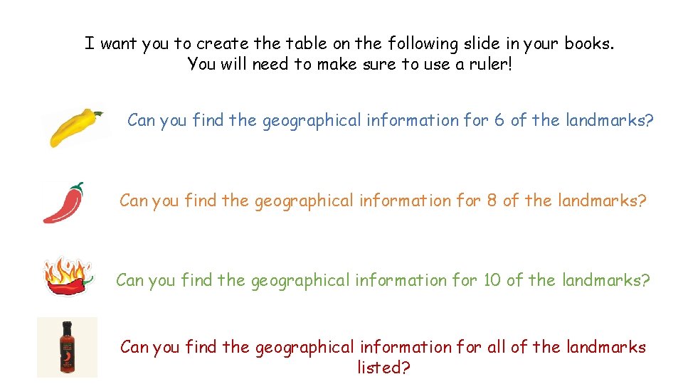 I want you to create the table on the following slide in your books.