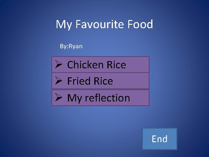 My Favourite Food By: Ryan Ø Chicken Rice Ø Fried Rice Ø My reflection