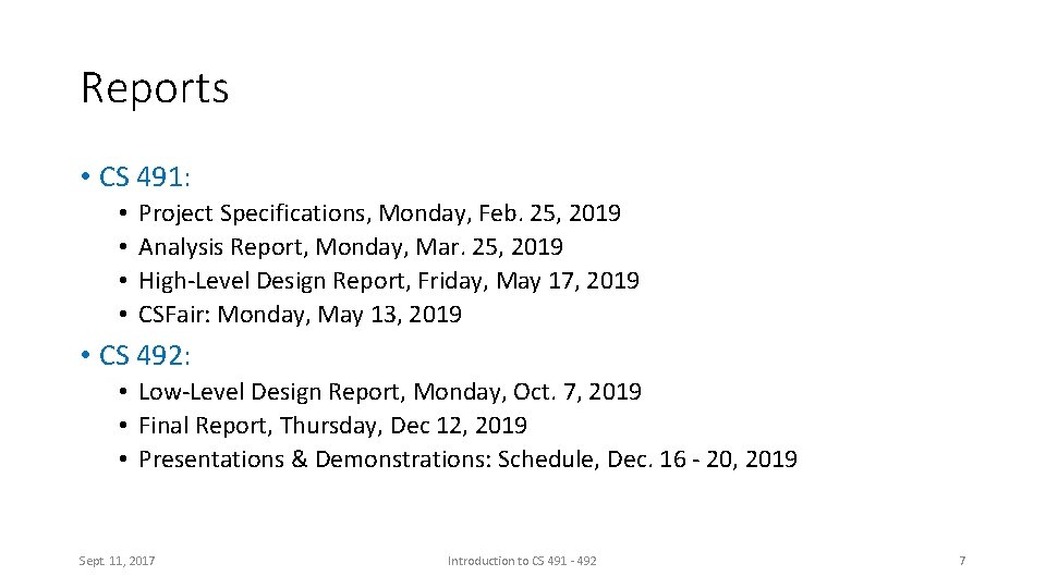 Reports • CS 491: • • Project Specifications, Monday, Feb. 25, 2019 Analysis Report,