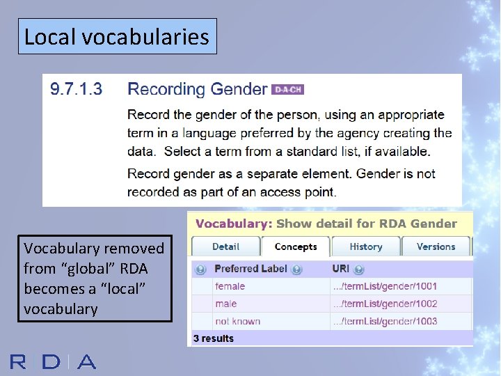 Local vocabularies Vocabulary removed from “global” RDA becomes a “local” vocabulary 