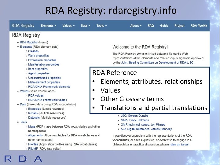 RDA Registry: rdaregistry. info RDA Reference • Elements, attributes, relationships • Values • Other