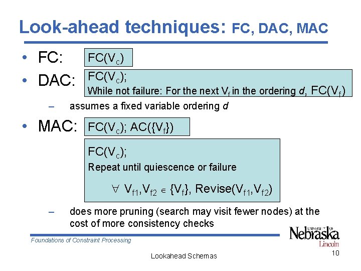 Look-ahead techniques: • FC: • DAC: – FC, DAC, MAC FC(Vc); While not failure: