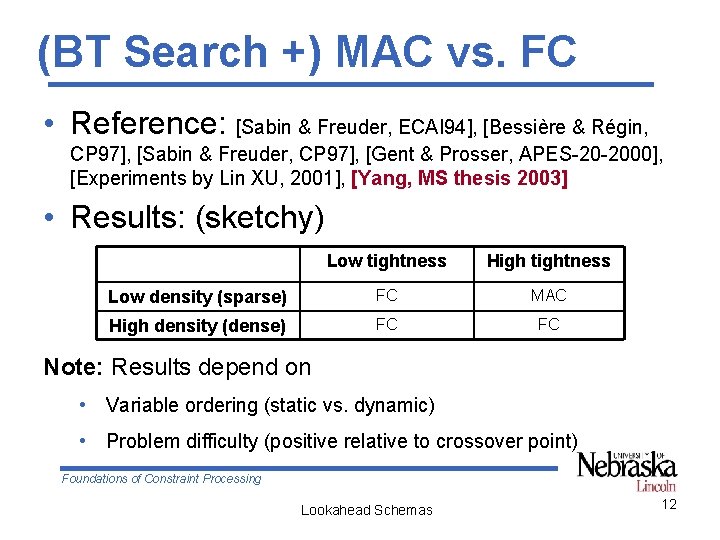 (BT Search +) MAC vs. FC • Reference: [Sabin & Freuder, ECAI 94], [Bessière