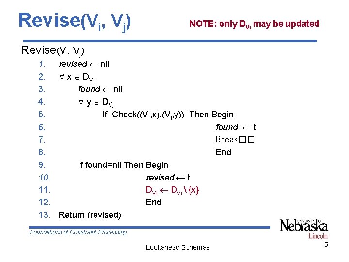 Revise(Vi, Vj) NOTE: only DVi may be updated Revise(Vi, Vj) 1. revised nil 2.