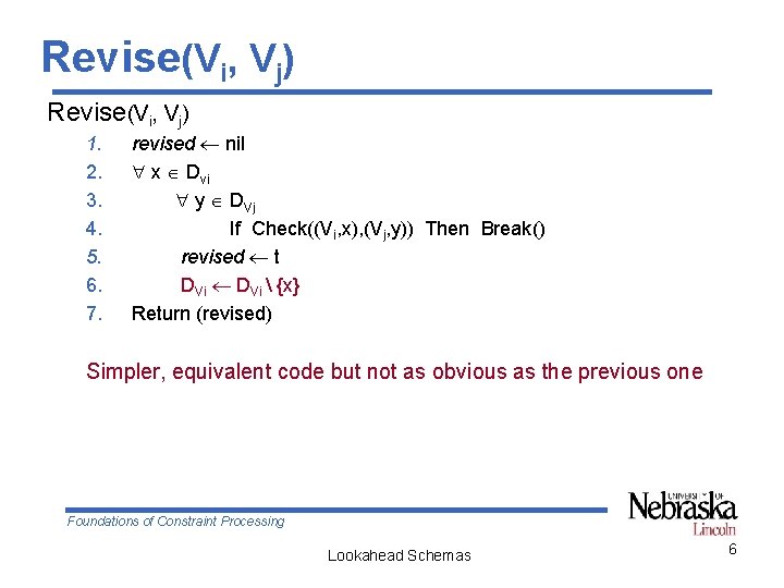 Revise(Vi, Vj) 1. 2. 3. 4. 5. 6. 7. revised nil x Dvi y