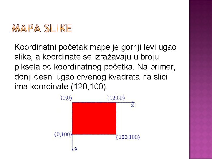 Koordinatni početak mape je gornji levi ugao slike, a koordinate se izražavaju u broju