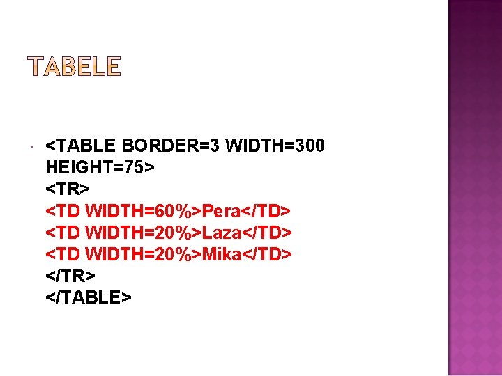  <TABLE BORDER=3 WIDTH=300 HEIGHT=75> <TR> <TD WIDTH=60%>Pera</TD> <TD WIDTH=20%>Laza</TD> <TD WIDTH=20%>Mika</TD> </TR> </TABLE>