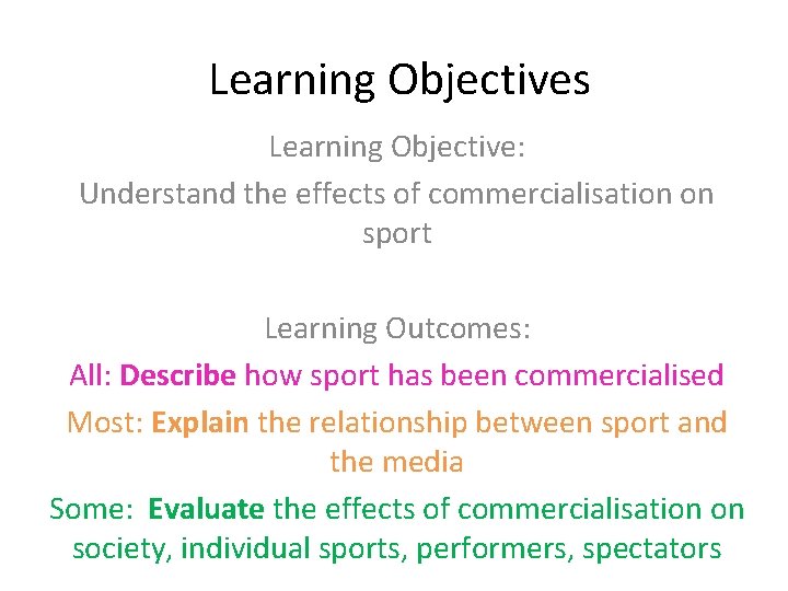 Learning Objectives Learning Objective: Understand the effects of commercialisation on sport Learning Outcomes: All: