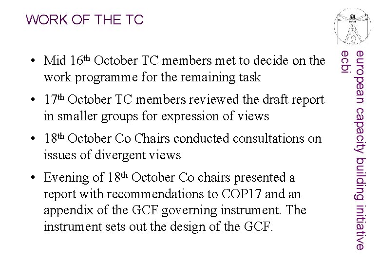 WORK OF THE TC • 17 th October TC members reviewed the draft report
