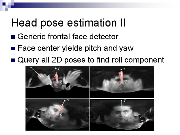 Head pose estimation II Generic frontal face detector n Face center yields pitch and