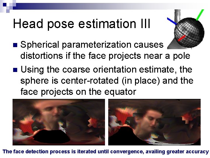 Head pose estimation III Spherical parameterization causes distortions if the face projects near a