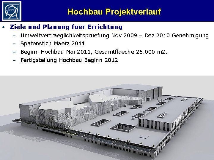 Hochbau Projektverlauf • Ziele und Planung fuer Errichtung – – Umweltvertraeglichkeitspruefung Nov 2009 –