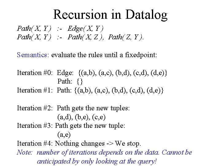 Recursion in Datalog Path( X, Y ) : - Edge( X, Y ) Path(