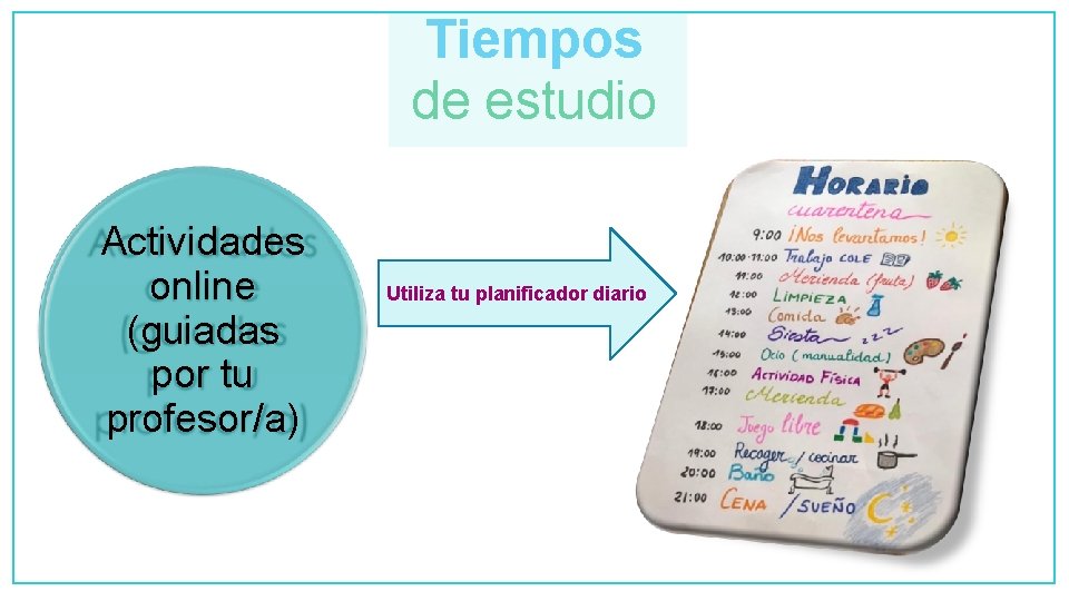 Tiempos de estudio Actividades online (guiadas por tu profesor/a) Utiliza tu planificador diario 