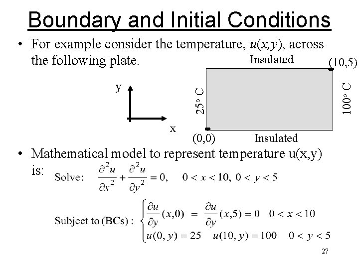 Boundary and Initial Conditions 25 o C y 100 o C • For example Boundary and Initial Conditions 25 o C y 100 o C • For example