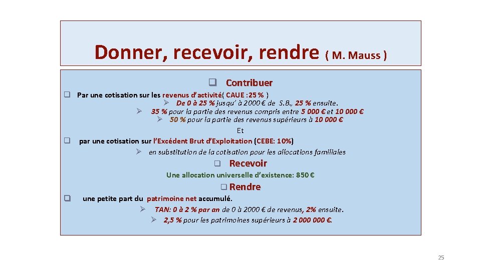 Donner, recevoir, rendre ( M. Mauss ) q Contribuer q Par une cotisation sur