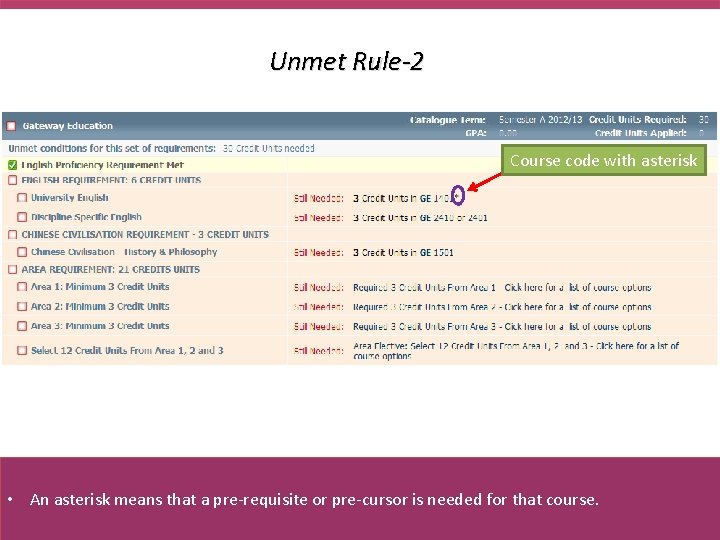 Unmet Rule-2 Course code with asterisk • An asterisk means that a pre-requisite or