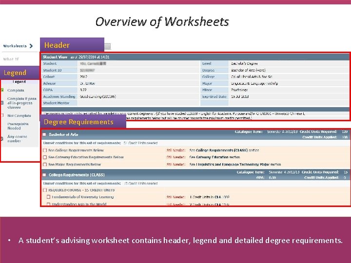 Overview of Worksheets Header Legend Degree Requirements • A student’s advising worksheet contains header,