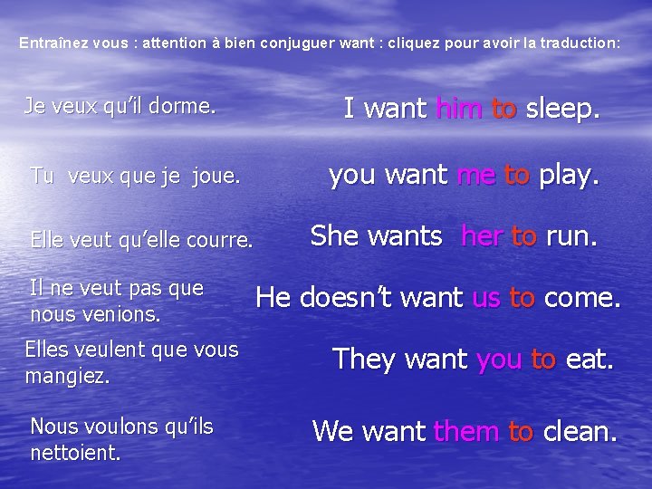 Entraînez vous : attention à bien conjuguer want : cliquez pour avoir la traduction: