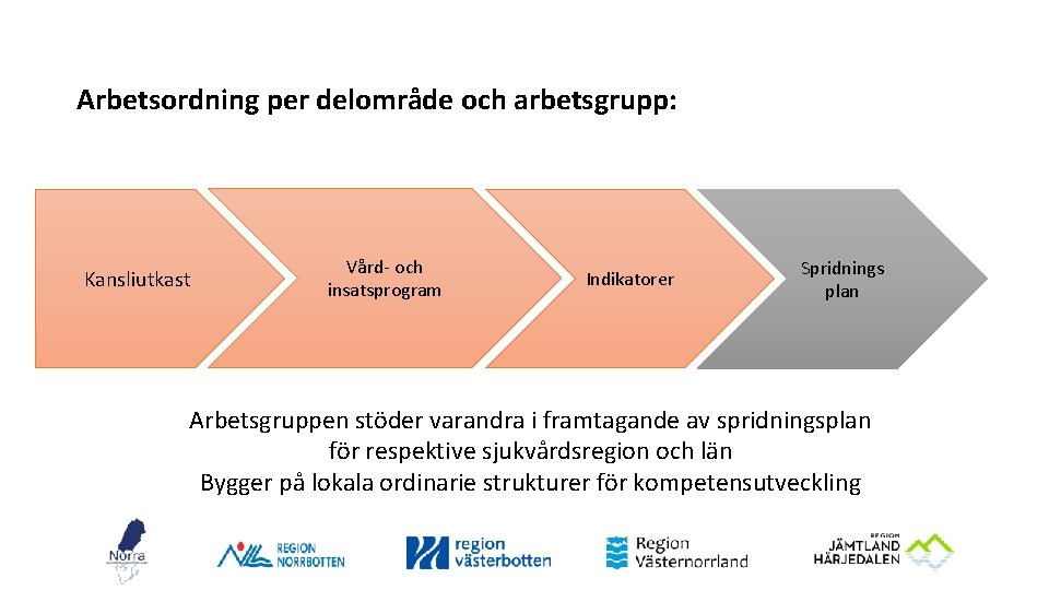 Arbetsordning per delområde och arbetsgrupp: Kansliutkast Vård- och insatsprogram Indikatorer Spridnings plan Arbetsgruppen stöder