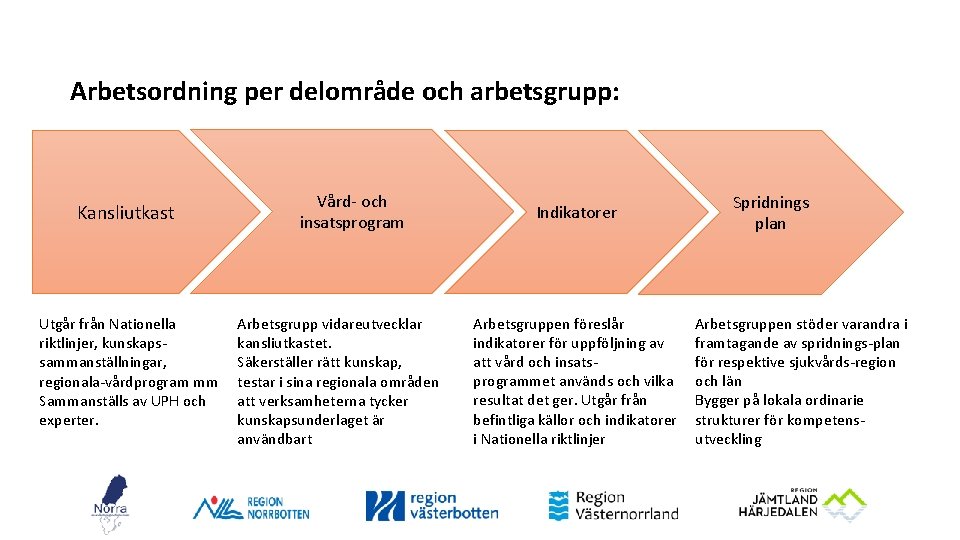 Arbetsordning per delområde och arbetsgrupp: Kansliutkast Utgår från Nationella riktlinjer, kunskapssammanställningar, regionala-vårdprogram mm Sammanställs