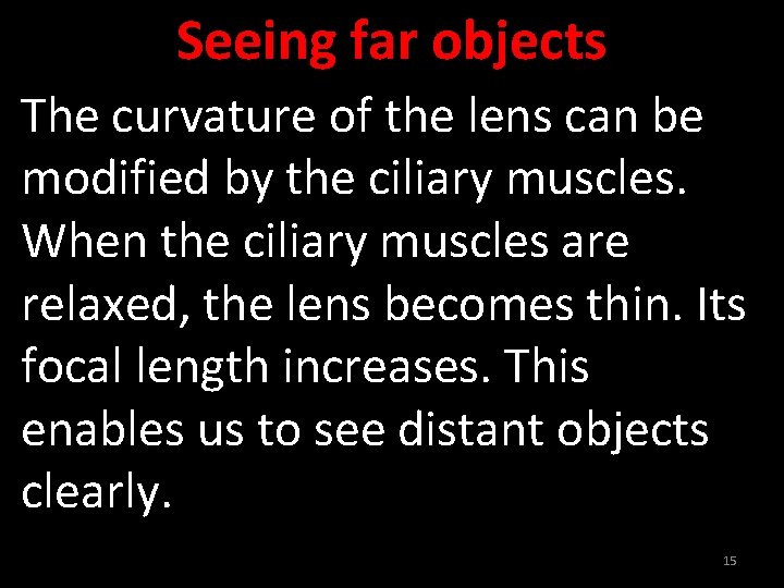 Seeing far objects The curvature of the lens can be modified by the ciliary