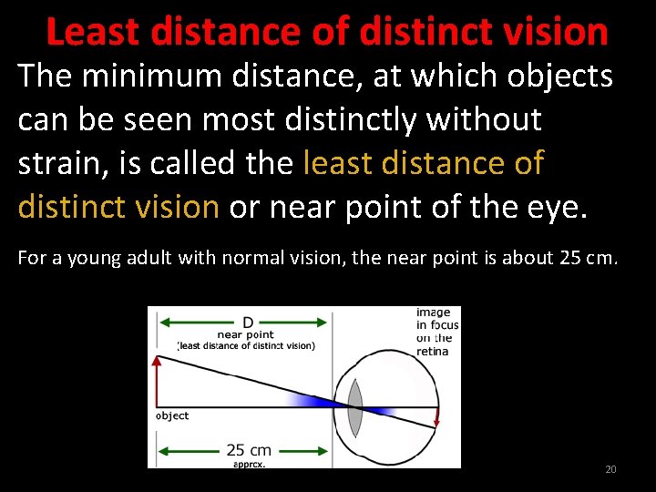 Least distance of distinct vision The minimum distance, at which objects can be seen