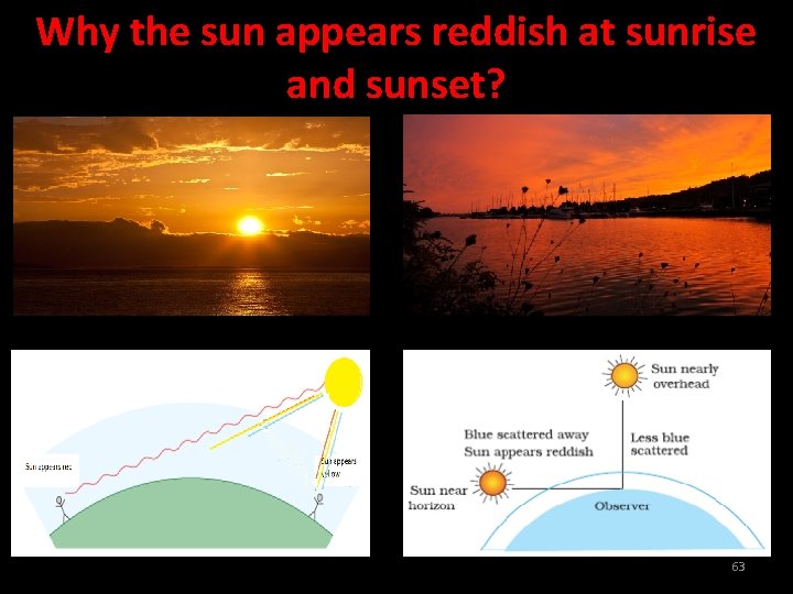 Why the sun appears reddish at sunrise and sunset? 63 