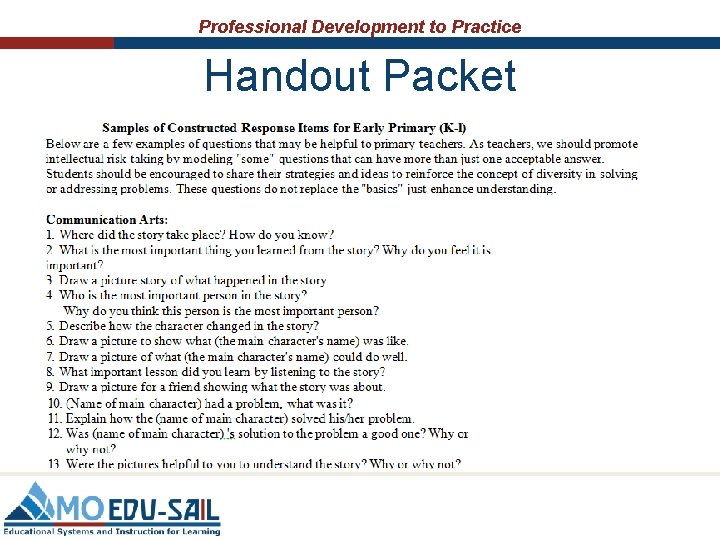 Professional Development to Practice Handout Packet Professional Development to Practice Handout Packet