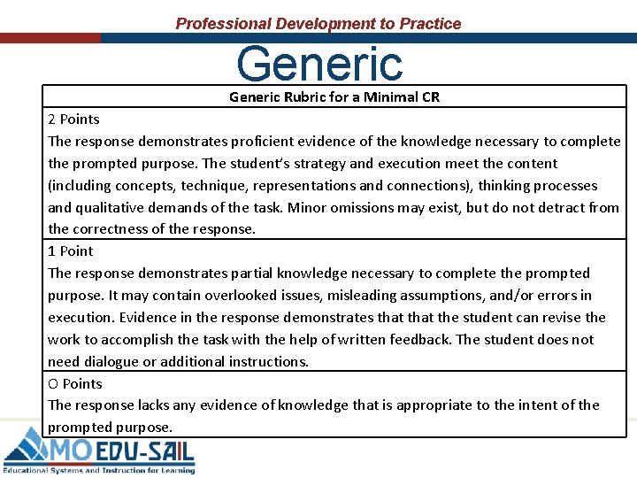 Professional Development to Practice Generic Rubric for a Minimal CR 2 Points The response Professional Development to Practice Generic Rubric for a Minimal CR 2 Points The response