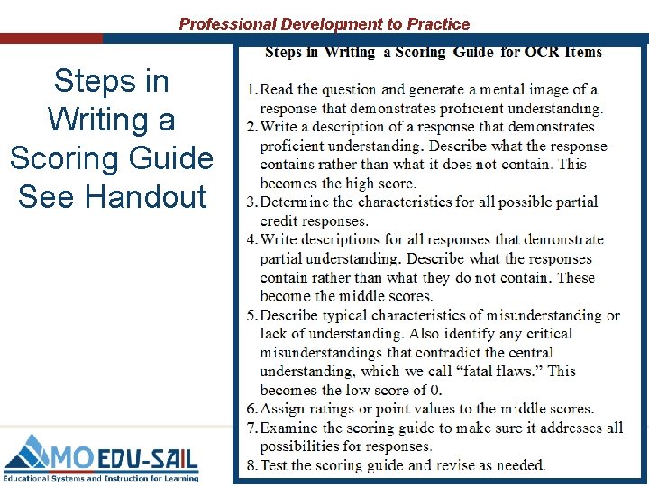 Professional Development to Practice Steps in Writing a Scoring Guide See Handout Professional Development to Practice Steps in Writing a Scoring Guide See Handout