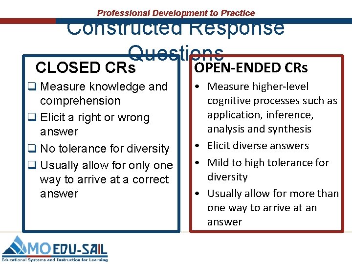 Professional Development to Practice Constructed Response Questions CLOSED CRs q Measure knowledge and comprehension Professional Development to Practice Constructed Response Questions CLOSED CRs q Measure knowledge and comprehension