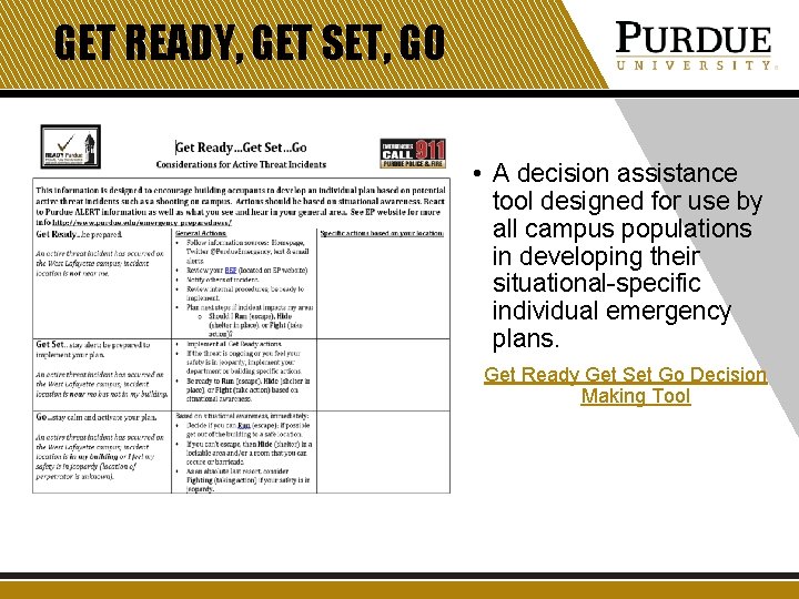 GET READY, GET SET, GO • A decision assistance tool designed for use by