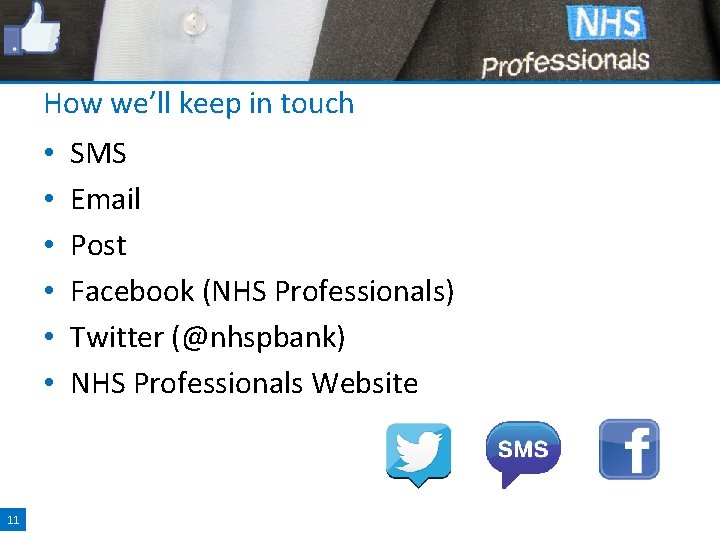 How we’ll keep in touch • • • 11 SMS Email Post Facebook (NHS