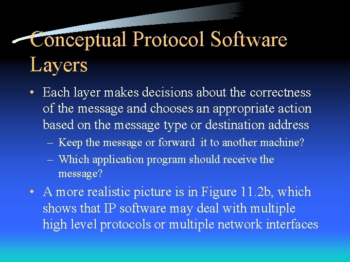 Conceptual Protocol Software Layers • Each layer makes decisions about the correctness of the